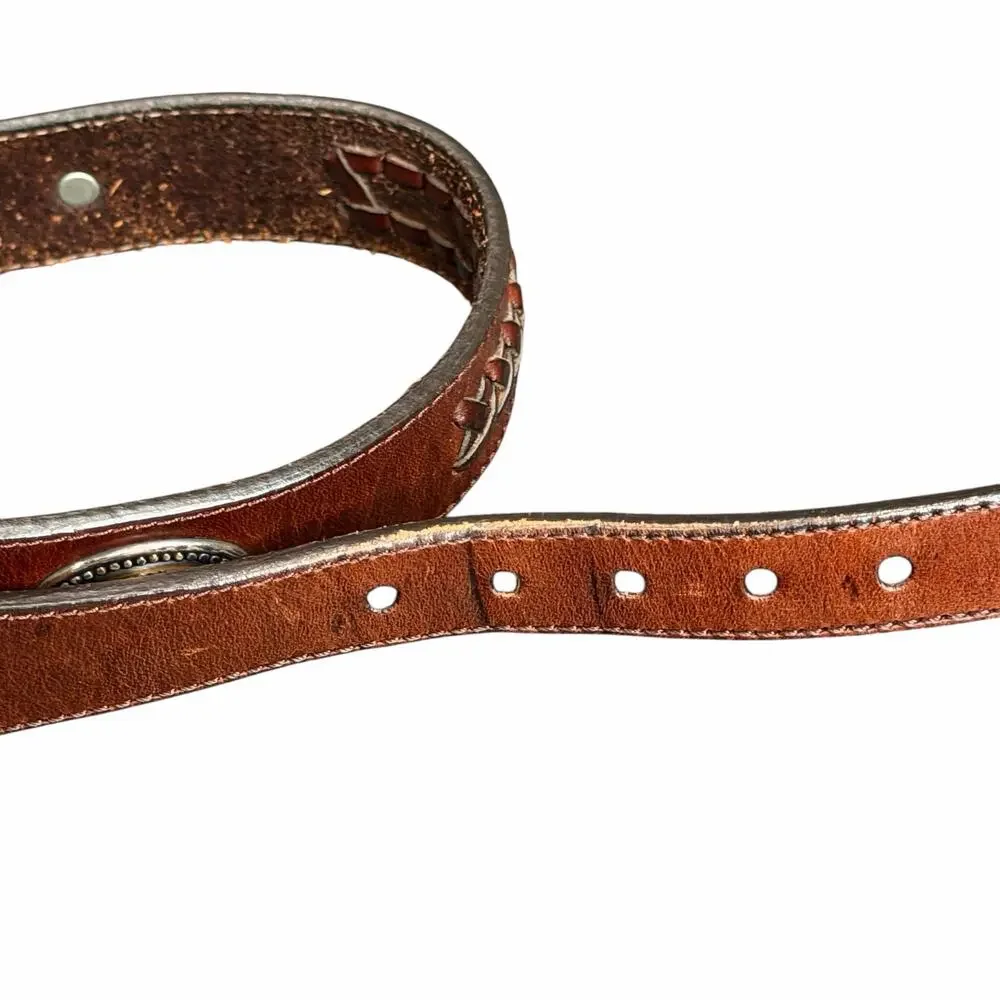 Vintage Latigo Leather Belt 34 Brown Antique Silver Concho Patina Braid Western‎